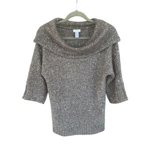 Chico’s Metallic Knit Cowl Neck Sweater Size 0/ XS-S Women’s Brown Sequin Top